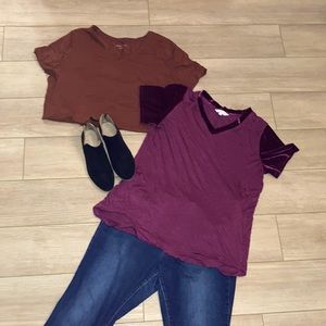2 tee shirts, wine with velvet sleeves, rust, size 1x, xl